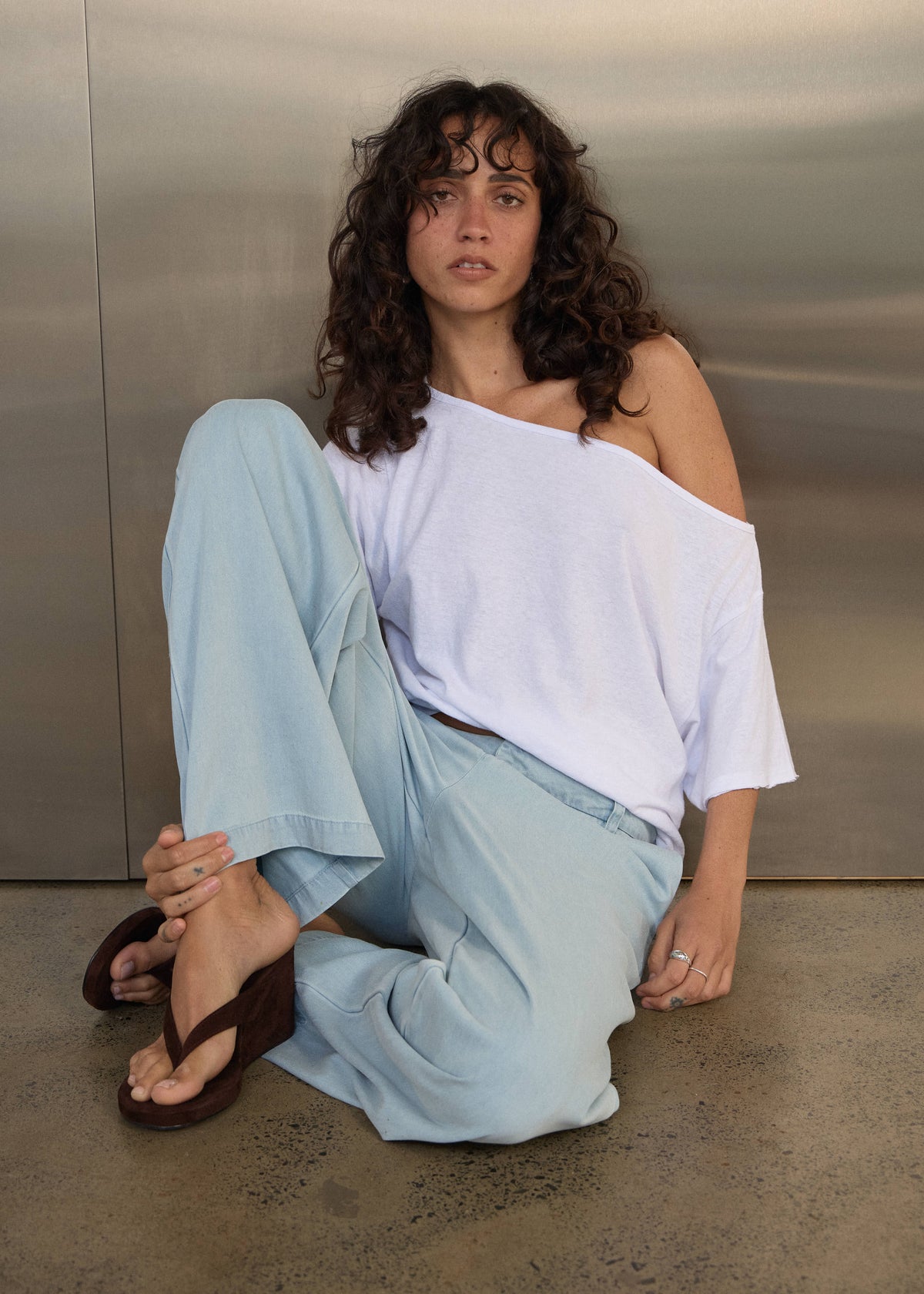 AFENDS Martu - Chambray Low Rise Pant - Light Blue
