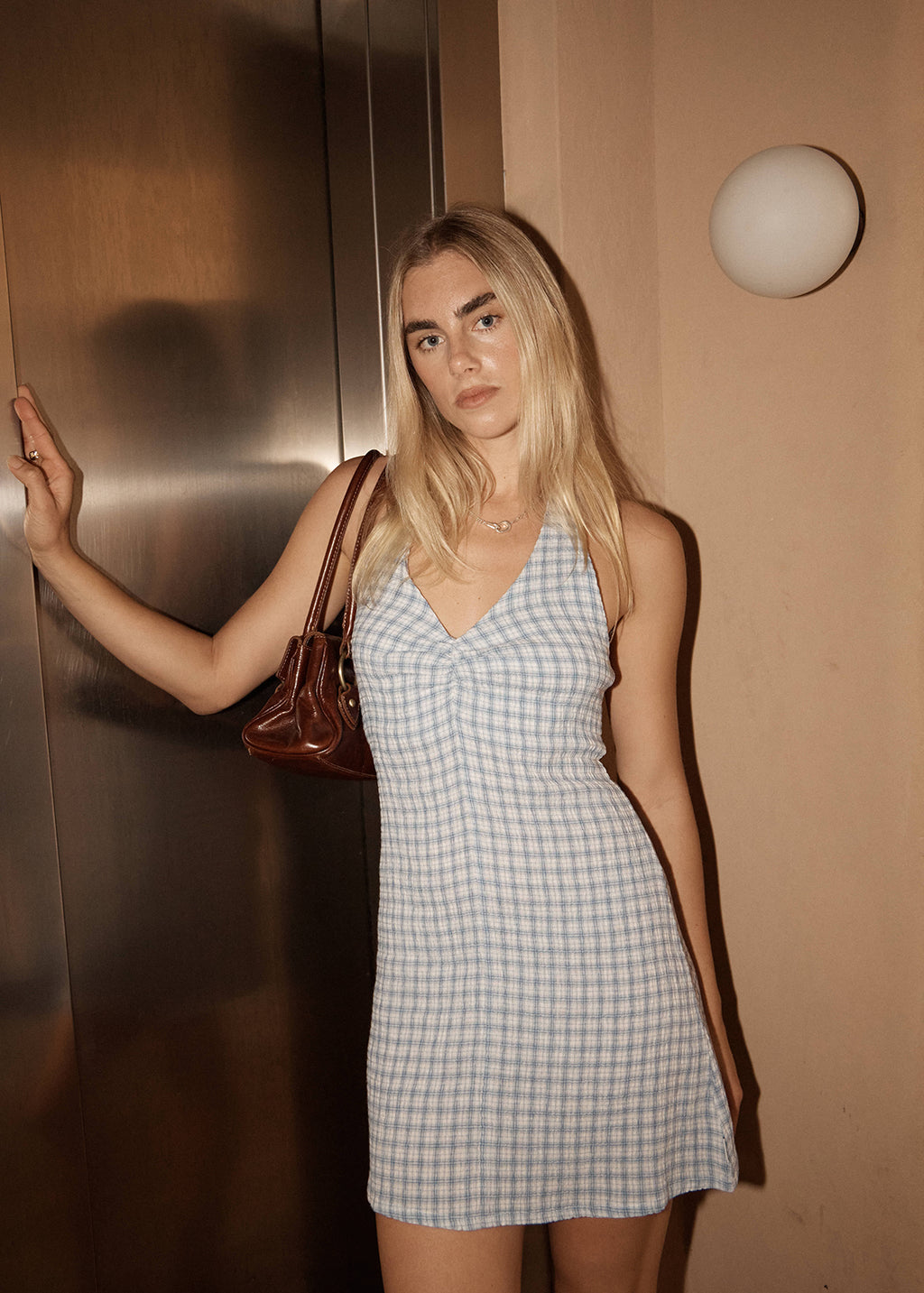 AFENDS Montana - Seersucker Halter Mini Dress - Powder Blue Check