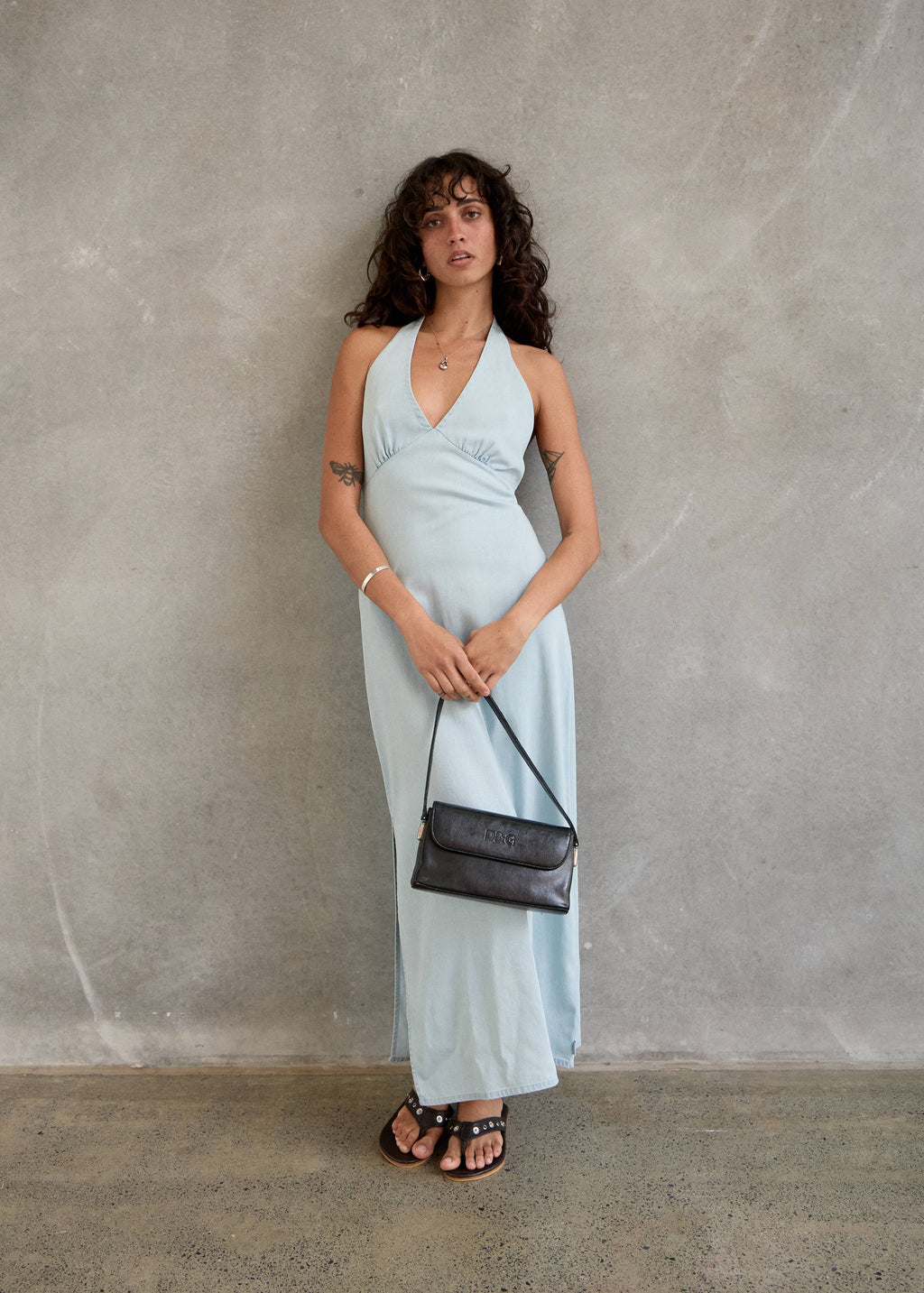AFENDS Alexa - Chambray Halter Maxi Dress - Light Blue