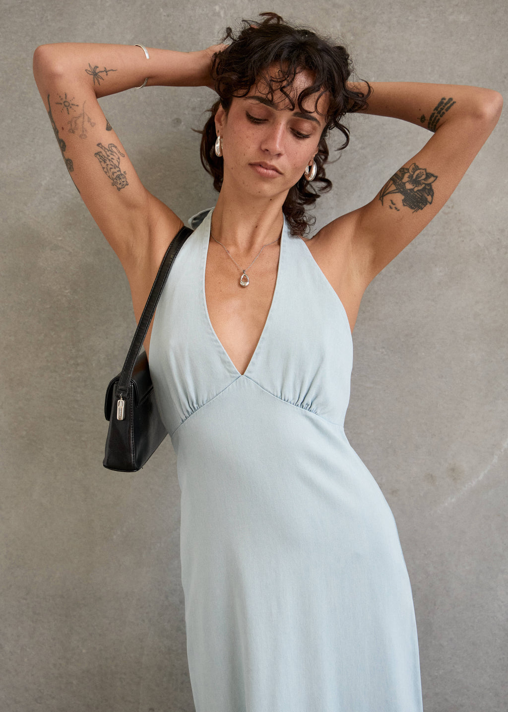AFENDS Alexa - Chambray Halter Maxi Dress - Light Blue
