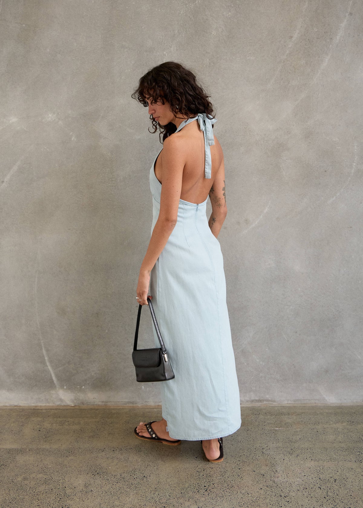 AFENDS Alexa - Chambray Halter Maxi Dress - Light Blue