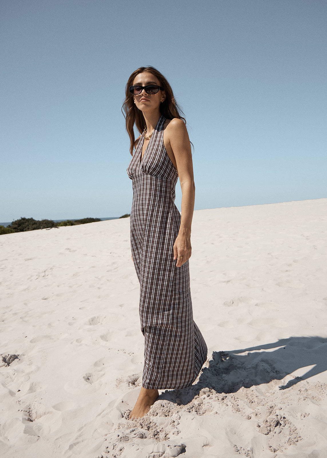 AFENDS Alexa - Halter Maxi Dress - Brown / Blue Check