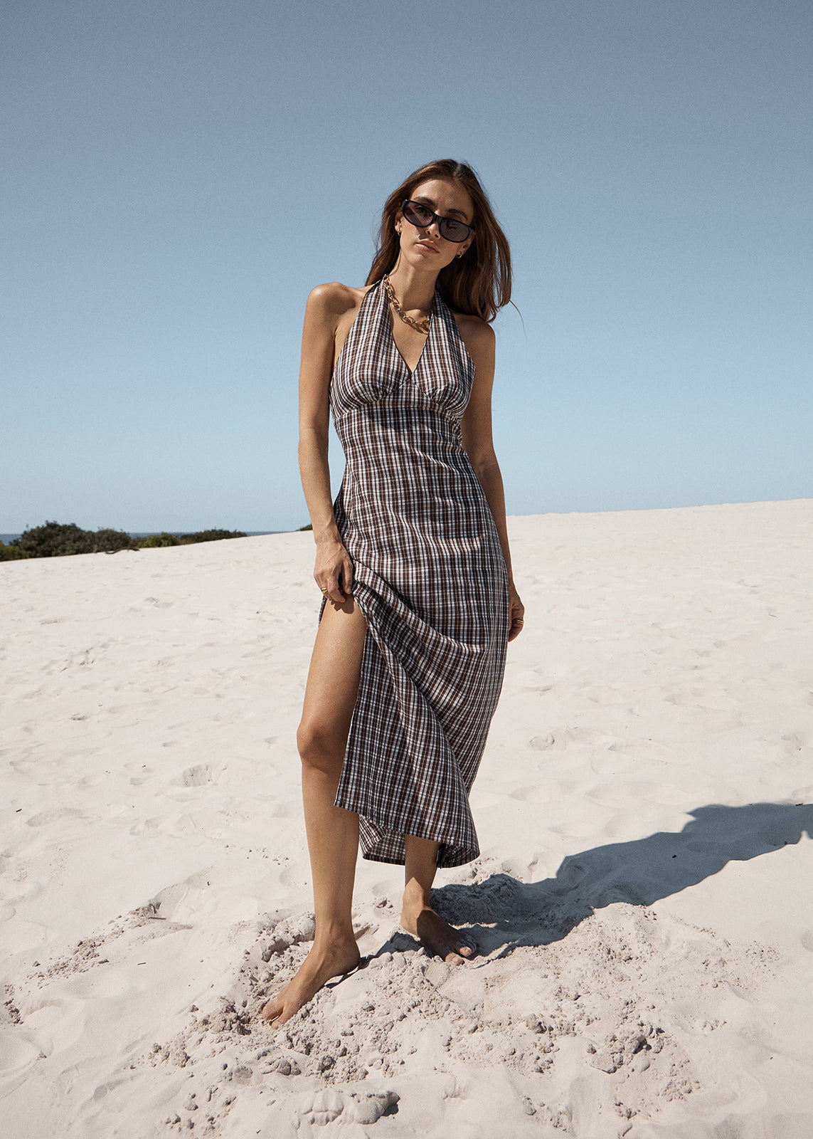 AFENDS Alexa - Halter Maxi Dress - Brown / Blue Check