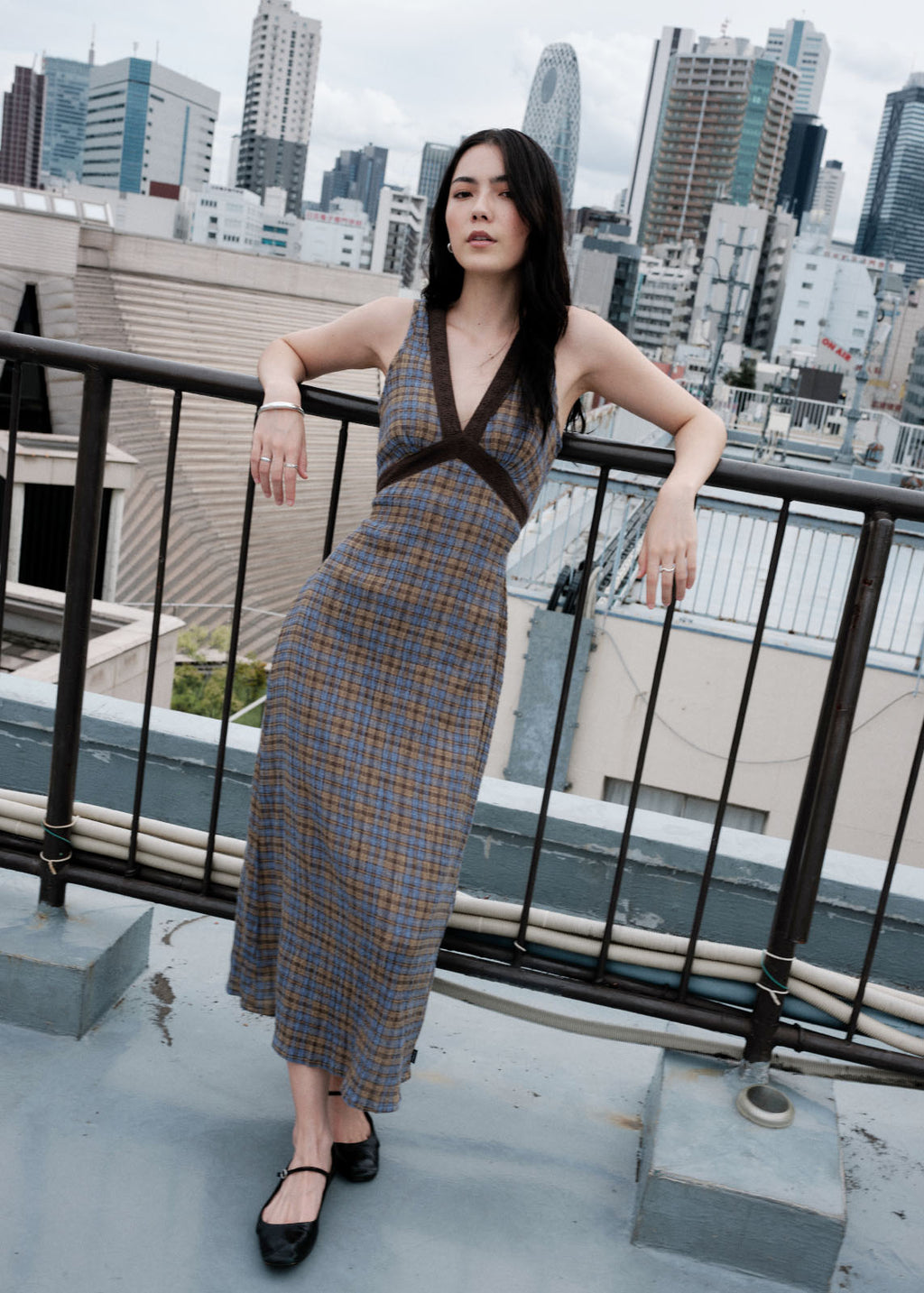 AFENDS Tully - Seersucker Maxi Dress - Cedar / Blue Check