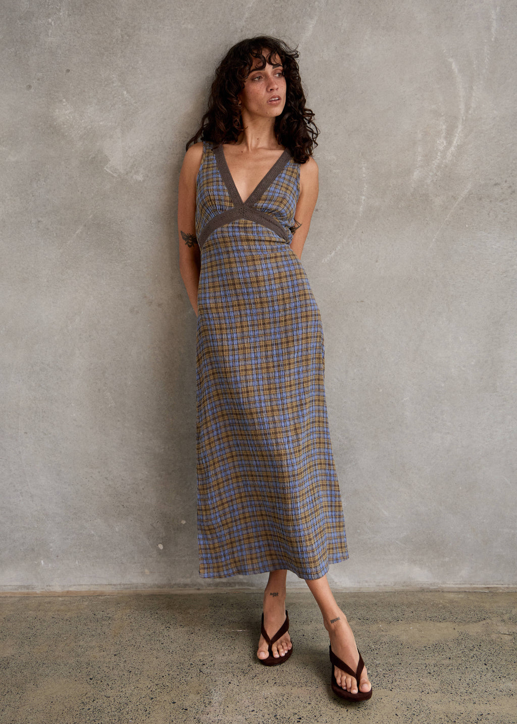 AFENDS Tully - Seersucker Maxi Dress - Cedar / Blue Check