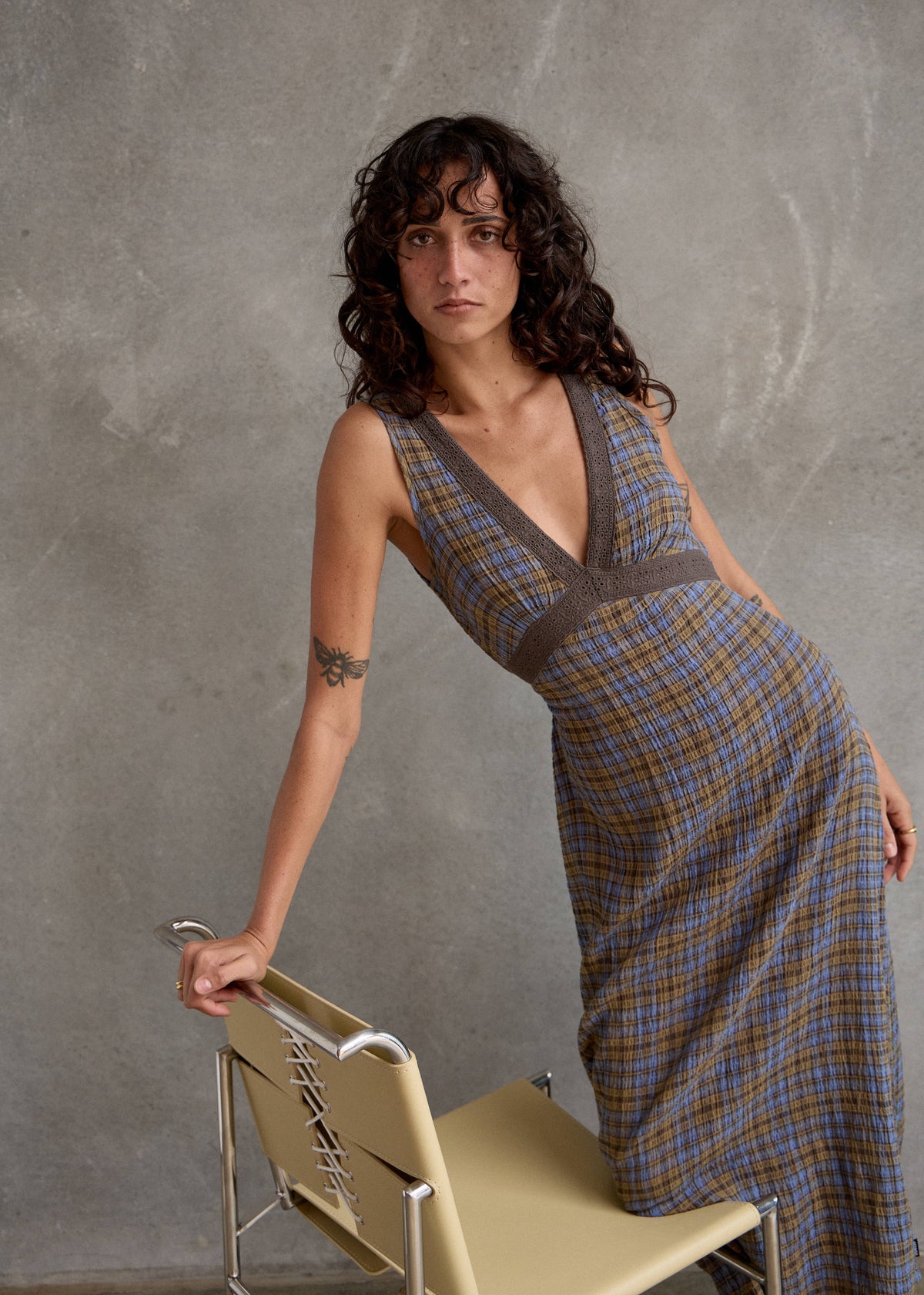 AFENDS Tully - Seersucker Maxi Dress - Cedar / Blue Check