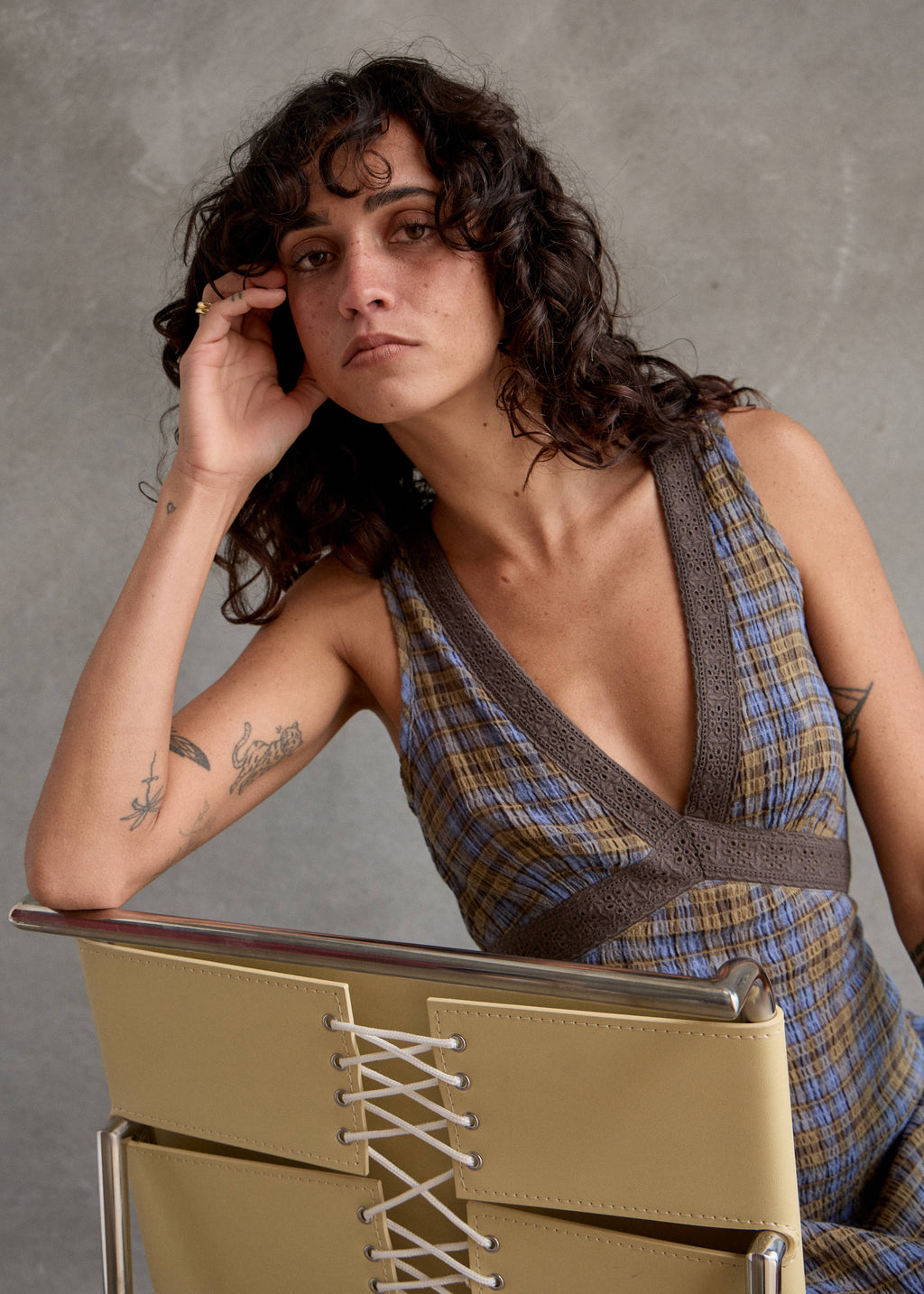 AFENDS Tully - Seersucker Maxi Dress - Cedar / Blue Check