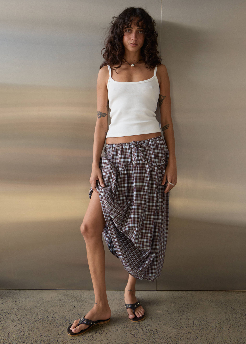 AFENDS Marlow - Midi Skirt - Brown / Blue Check