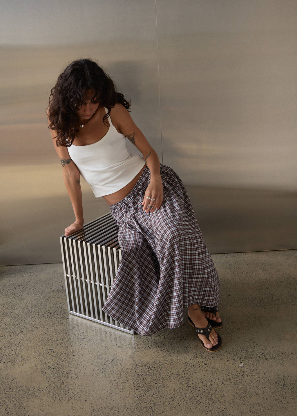 AFENDS Marlow - Midi Skirt - Brown / Blue Check