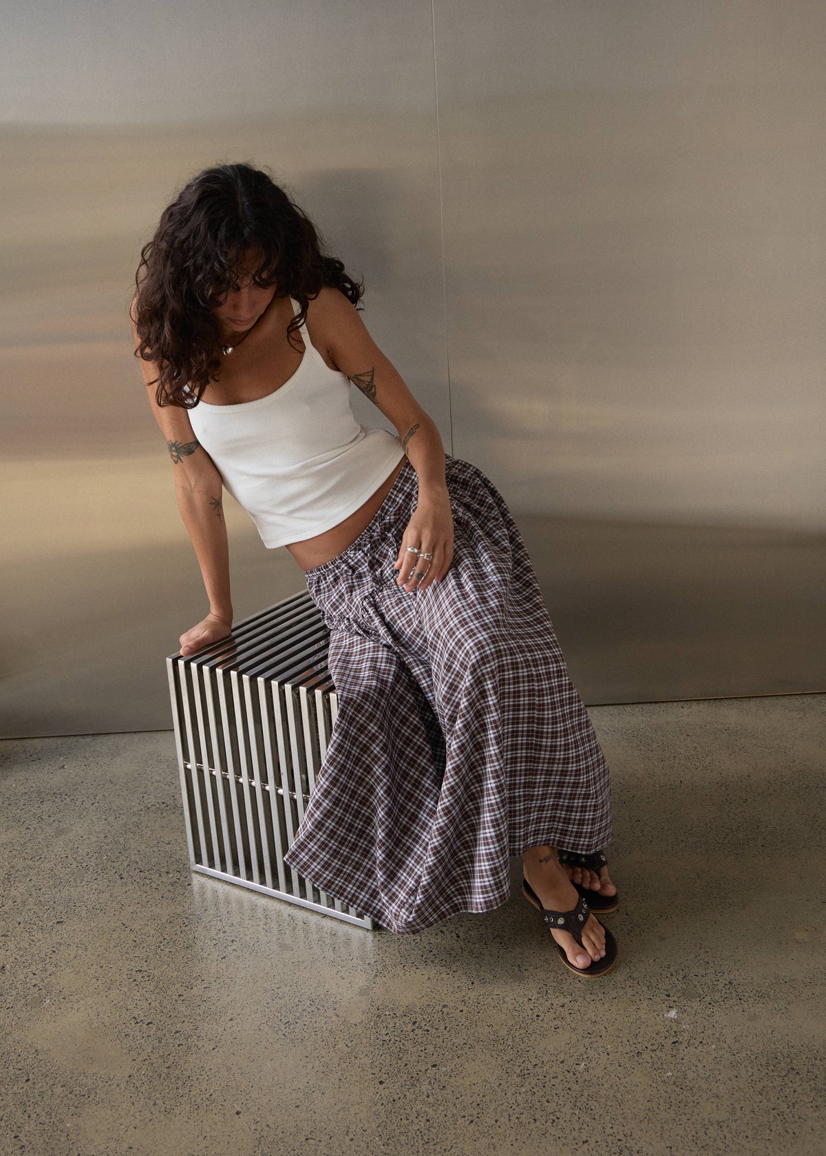 AFENDS Marlow - Midi Skirt - Brown / Blue Check
