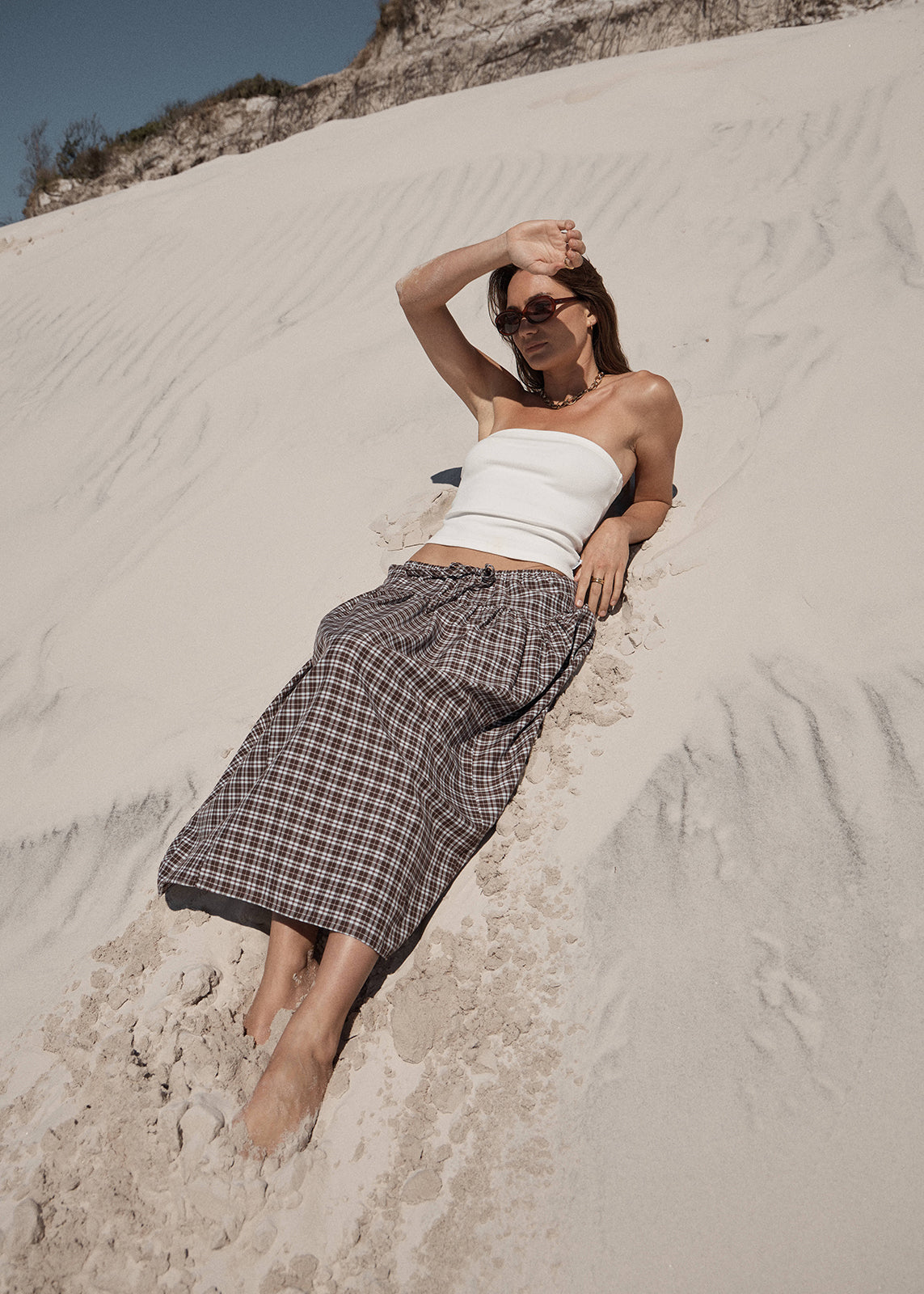 AFENDS Marlow - Midi Skirt - Brown / Blue Check