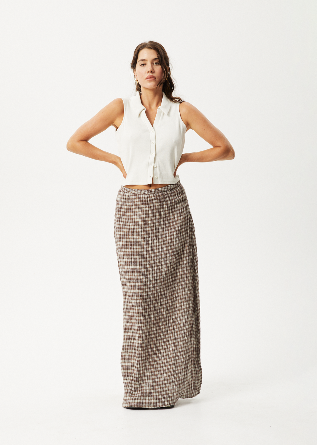 AFENDS Womens Base - Seersucker Check Skirt - Coffee Check 