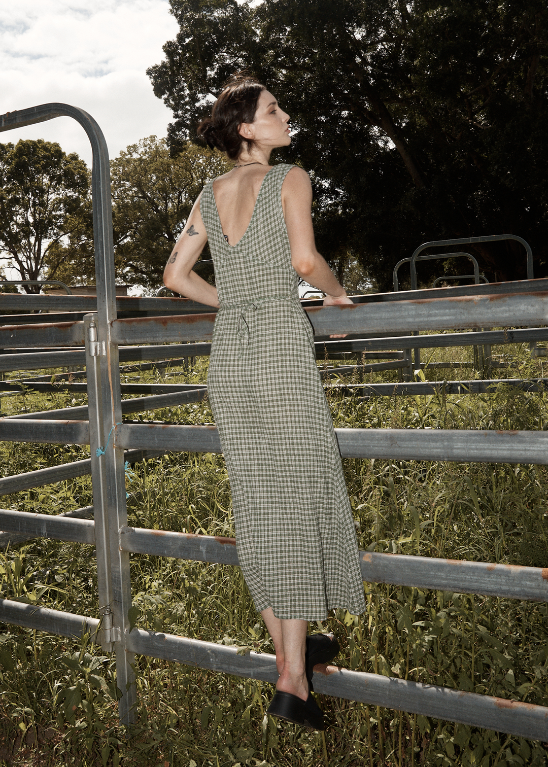 AFENDS Womens Base - Seersucker Check Maxi Dress - Deep Green Check 