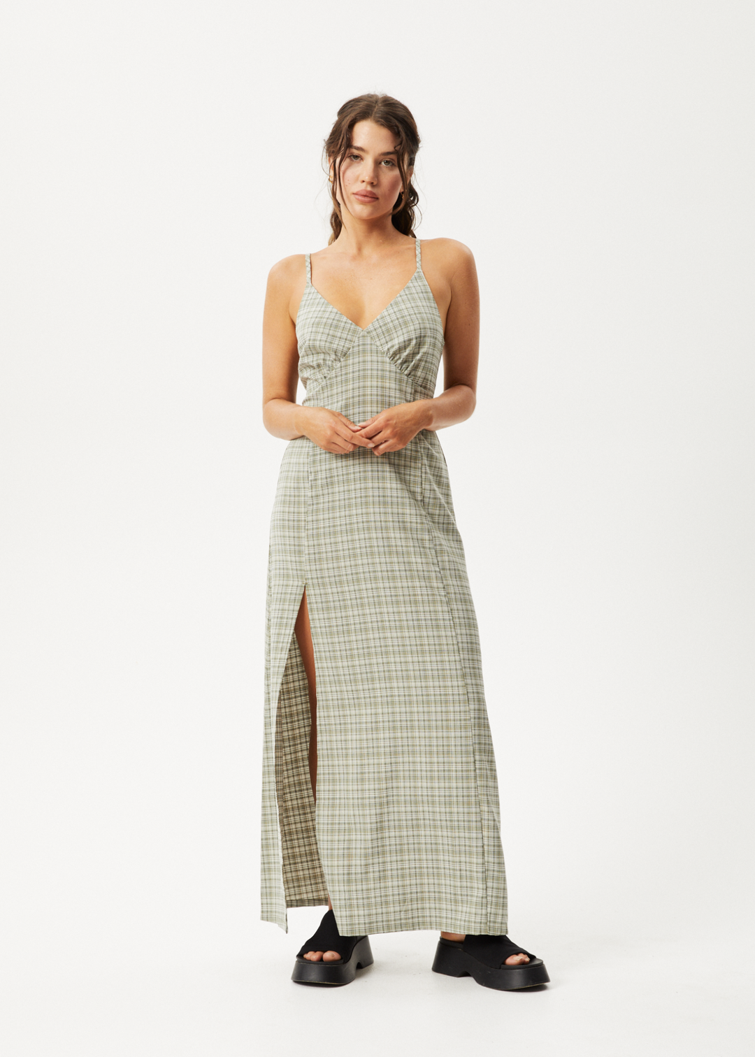 AFENDS Womens Willow Check - Maxi Dress - Military Check 