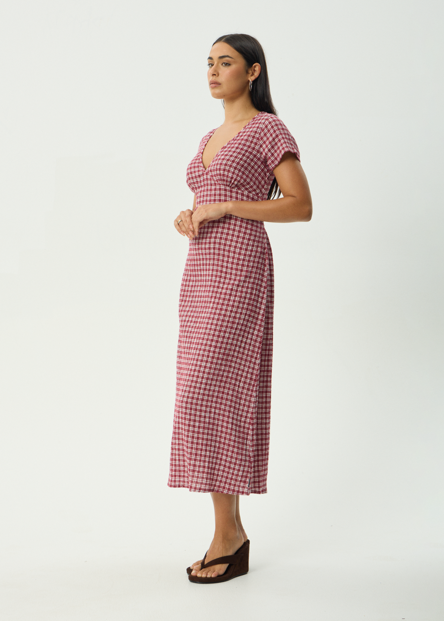 AFENDS Womens Base Maeve - Seersucker Maxi Dress - Burgundy Check