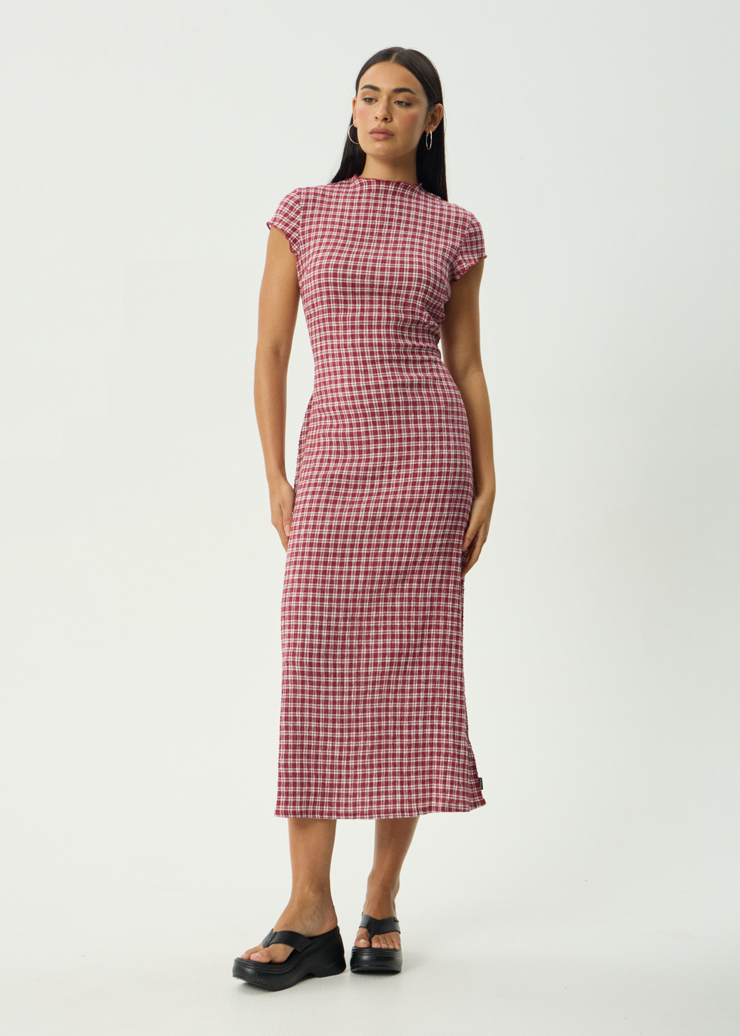 AFENDS Womens Base - Seersucker Midi Dress - Burgundy Check
