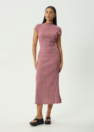 AFENDS Womens Elodie - Seersucker Midi Dress - Burgundy Check