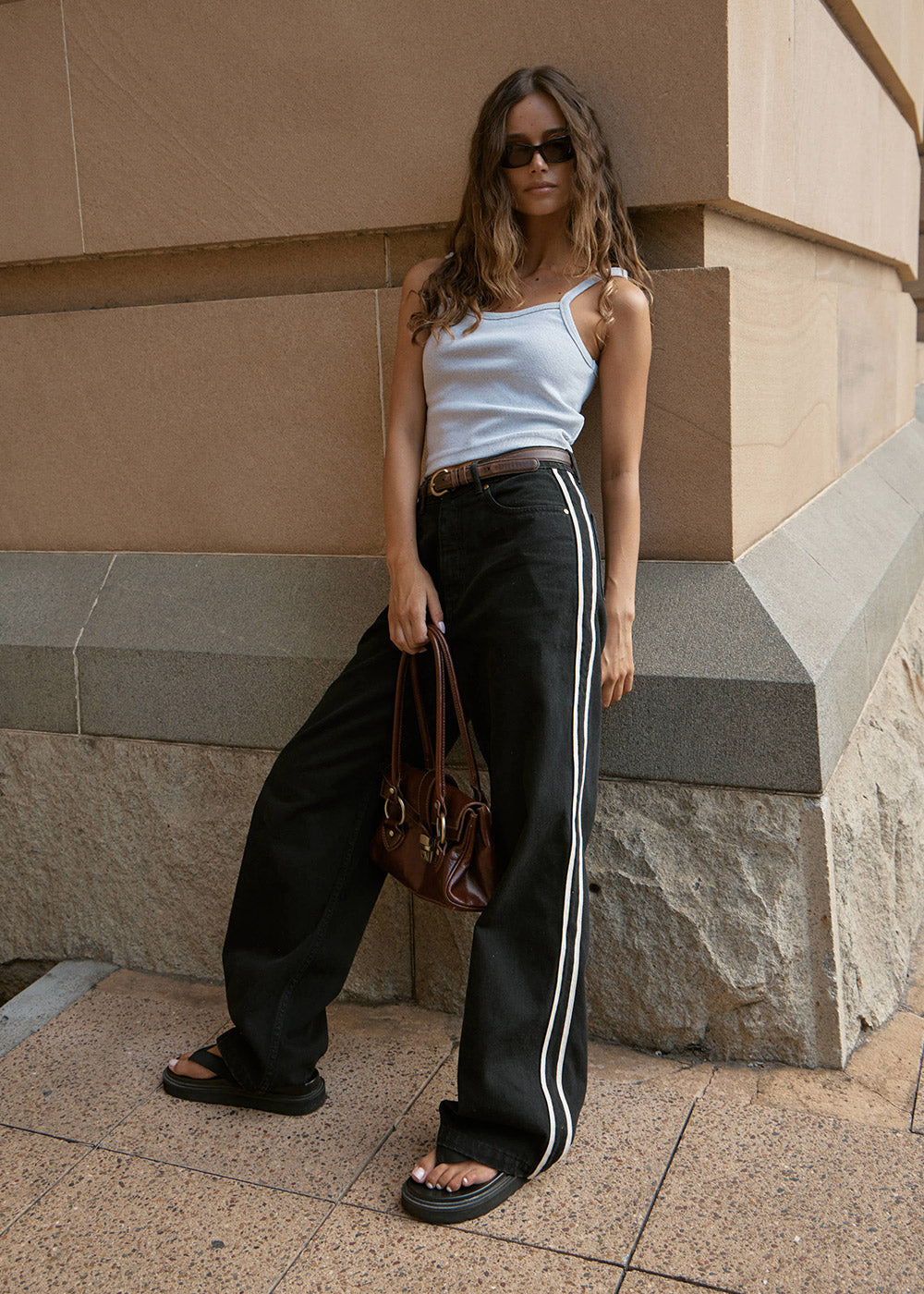 AFENDS Womens Bella Stripe - Denim Wide Leg Baggy Jean - Washed Black