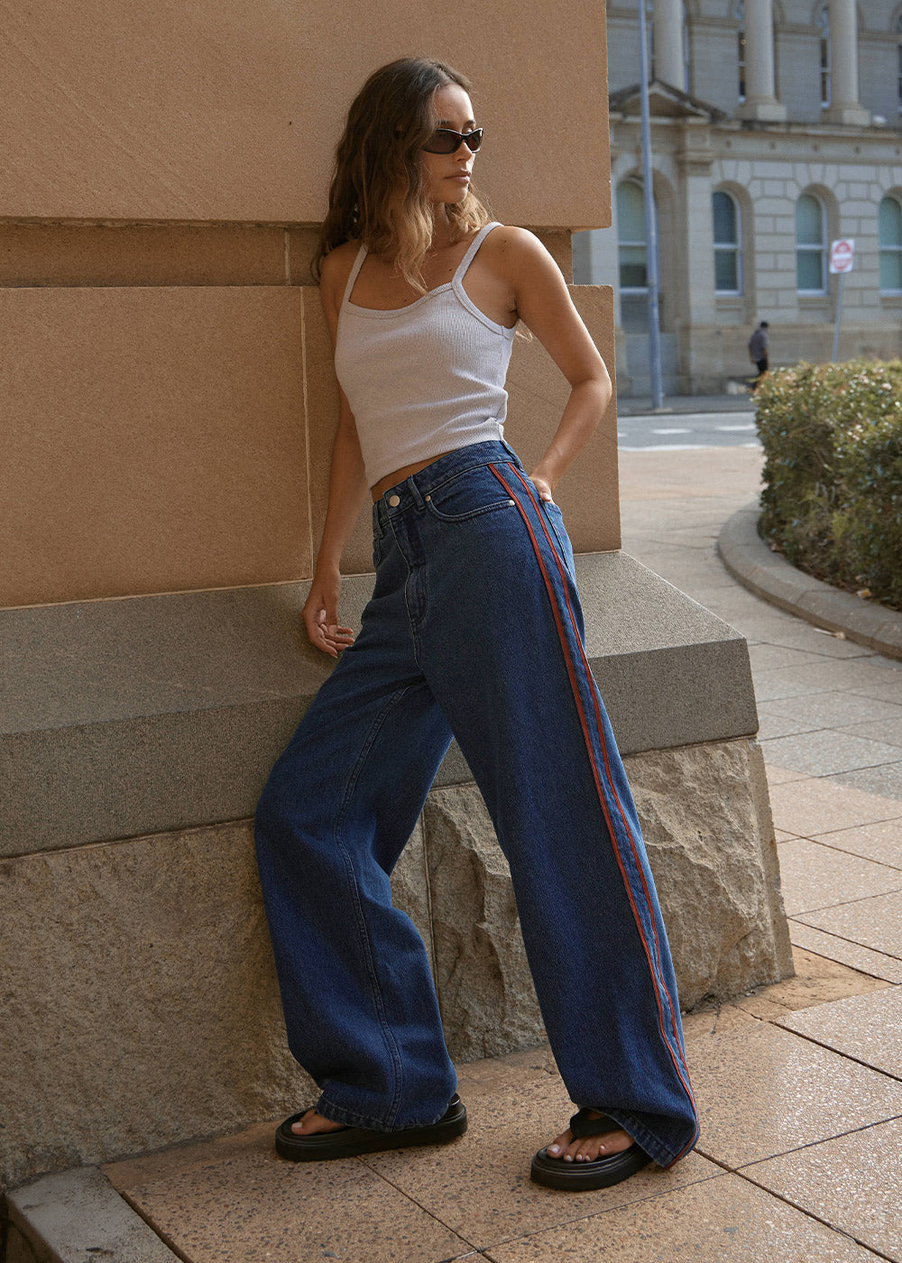 AFENDS Womens Bella Stripe - Denim Wide Leg Baggy Jean - Authentic Blue