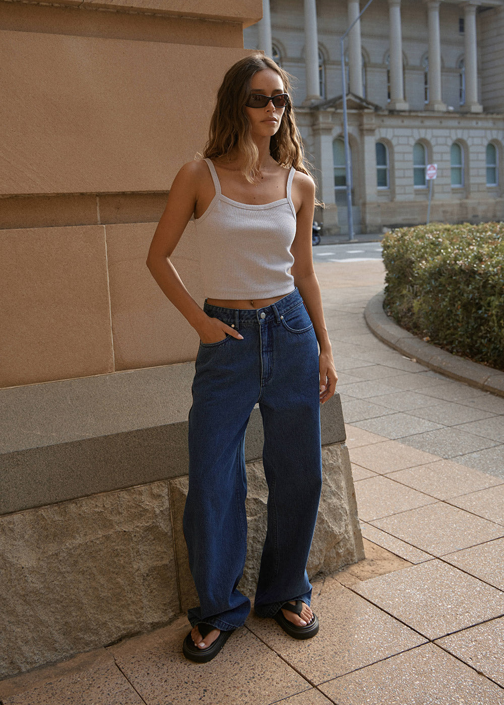 AFENDS Womens Bella Stripe - Denim Wide Leg Baggy Jean - Authentic Blue