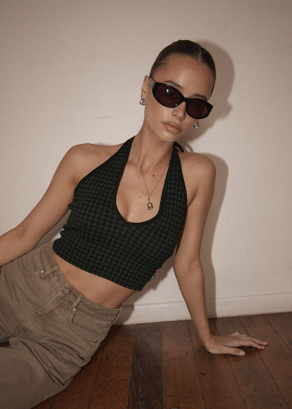AFENDS Womens Briar - Knit Halter Top - Thyme Gingham