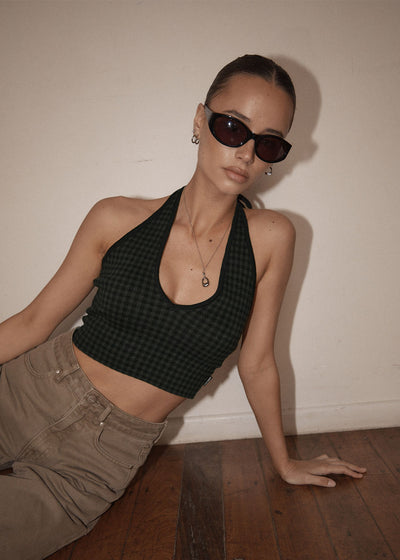 AFENDS Womens Briar - Knit Halter Top - Thyme Gingham