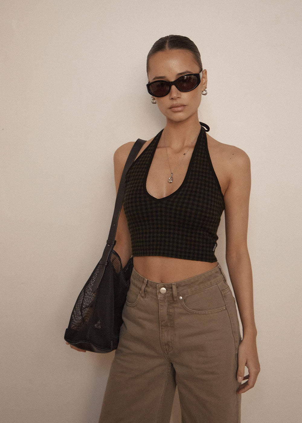 AFENDS Womens Briar - Knit Halter Top - Thyme Gingham