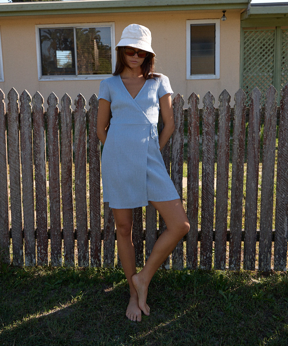 AFENDS Womens Farah - Seersucker Mini Wrap Dress - Blue AFENDS Womens Farah - Seersucker Mini Wrap Dress - Blue