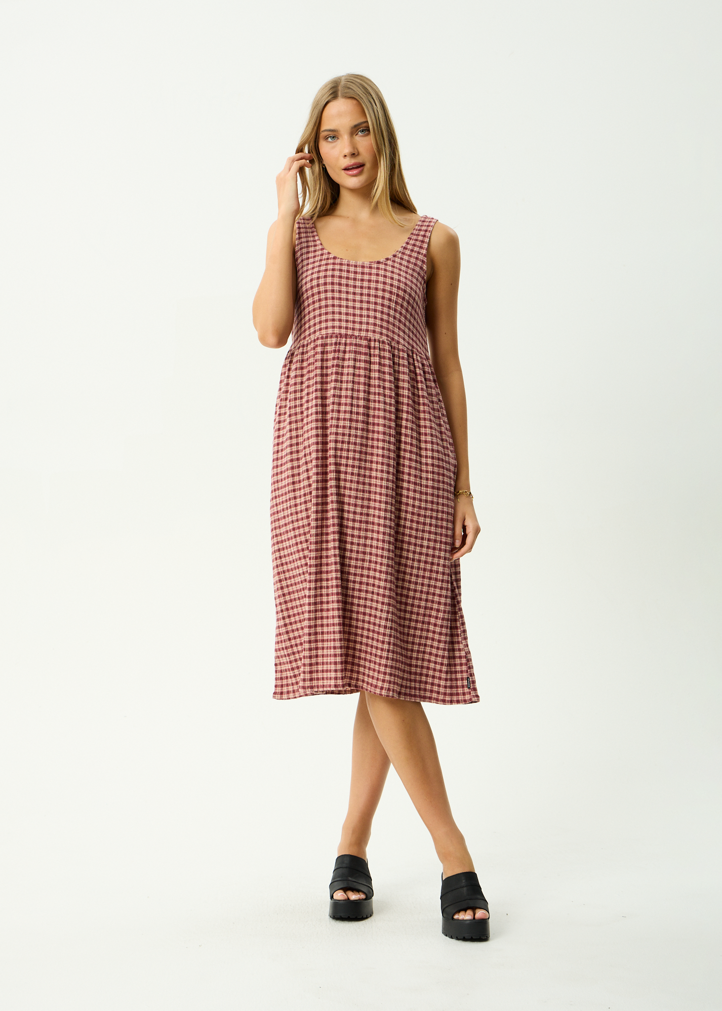 AFENDS Womens Capricorn - Hemp Seersucker Midi Dress - Burgundy / Beige Check