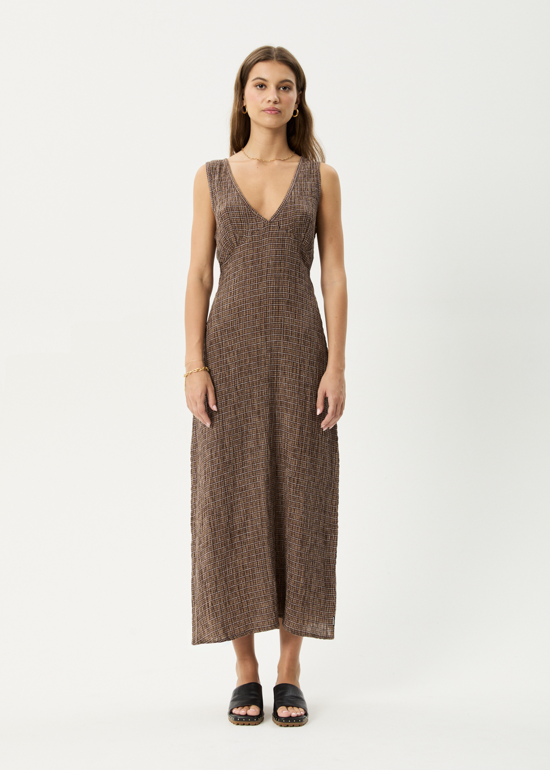 AFENDS Womens Hometown - Seersucker Check Maxi Dress - Coffee