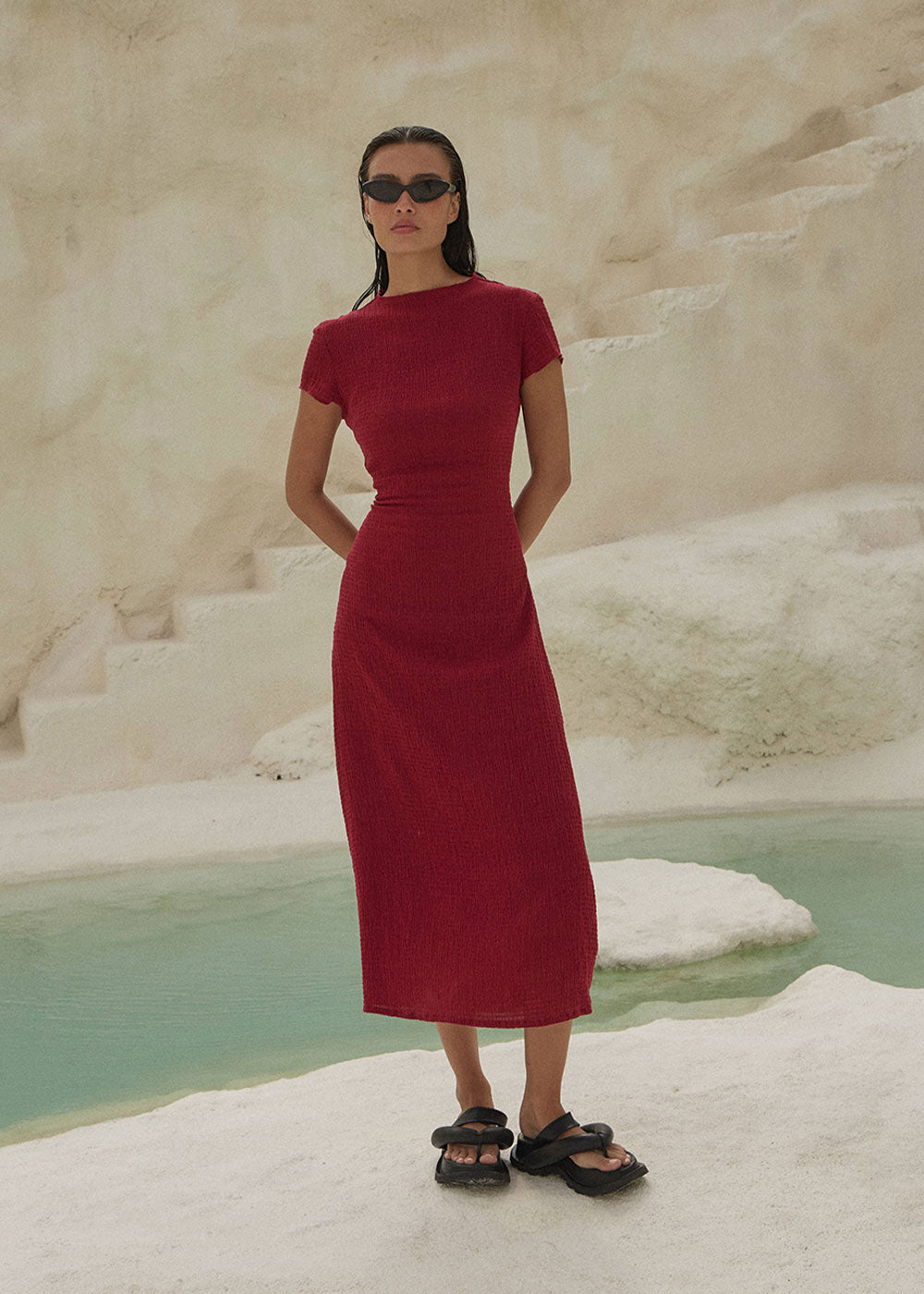 AFENDS Womens Elodie - Seersucker Midi Dress - Burgundy