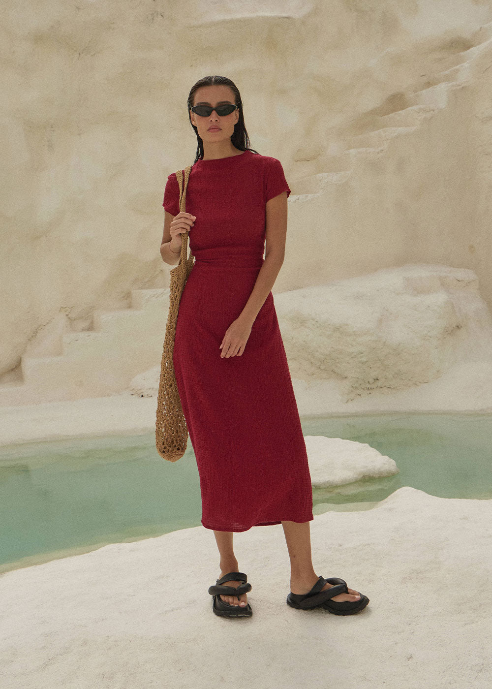 AFENDS Womens Elodie - Seersucker Midi Dress - Burgundy