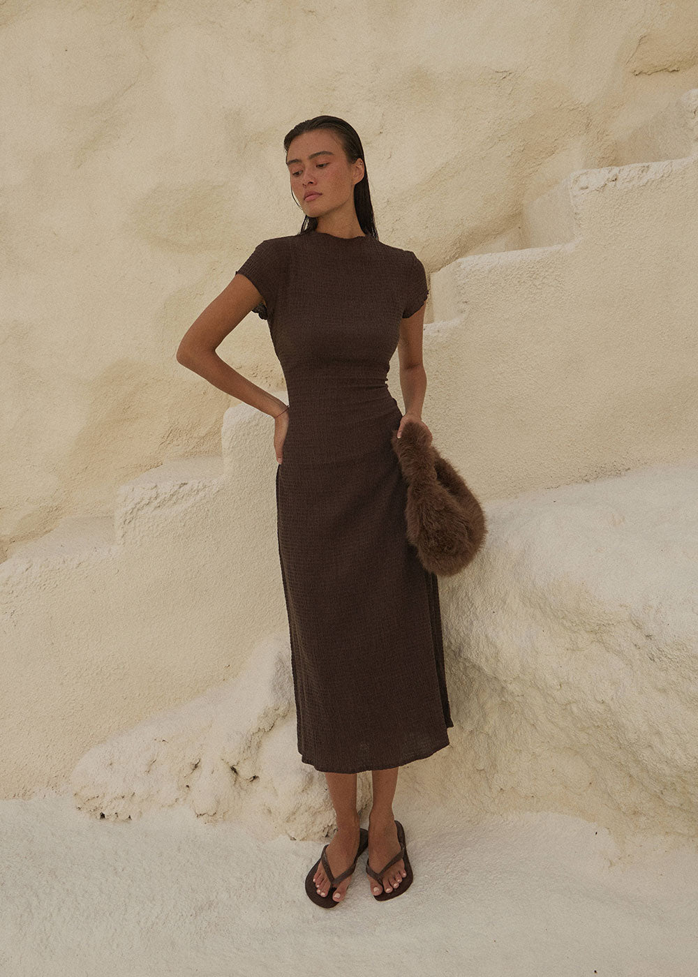AFENDS Womens Elodie - Seersucker Midi Dress - Coffee