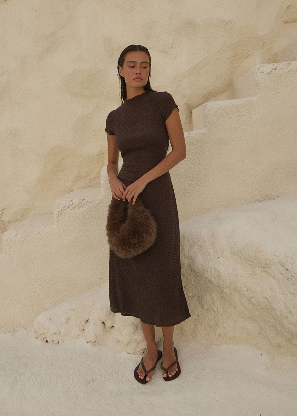 AFENDS Womens Elodie - Seersucker Midi Dress - Coffee