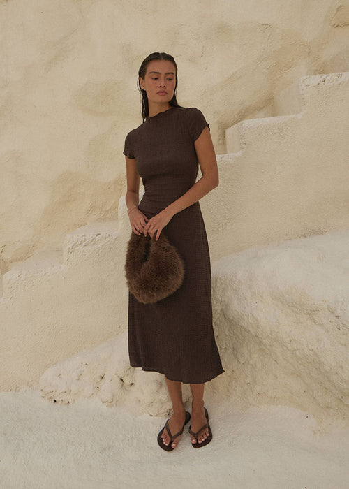 AFENDS Womens Elodie - Seersucker Midi Dress - Coffee