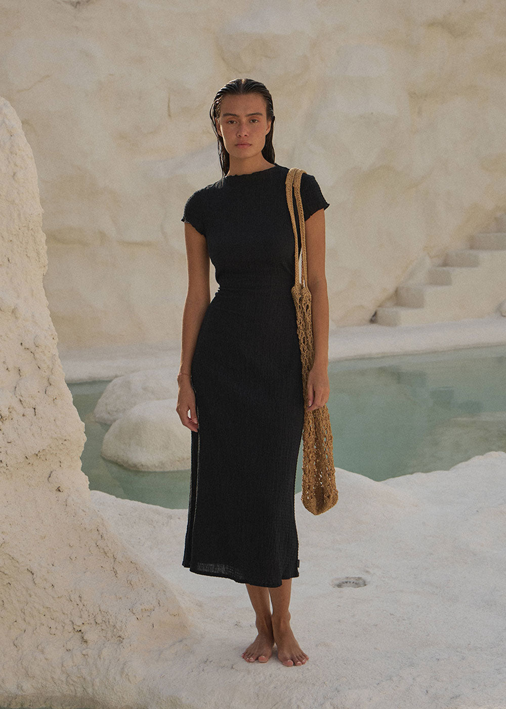 AFENDS Womens Elodie - Seersucker Midi Dress - Black