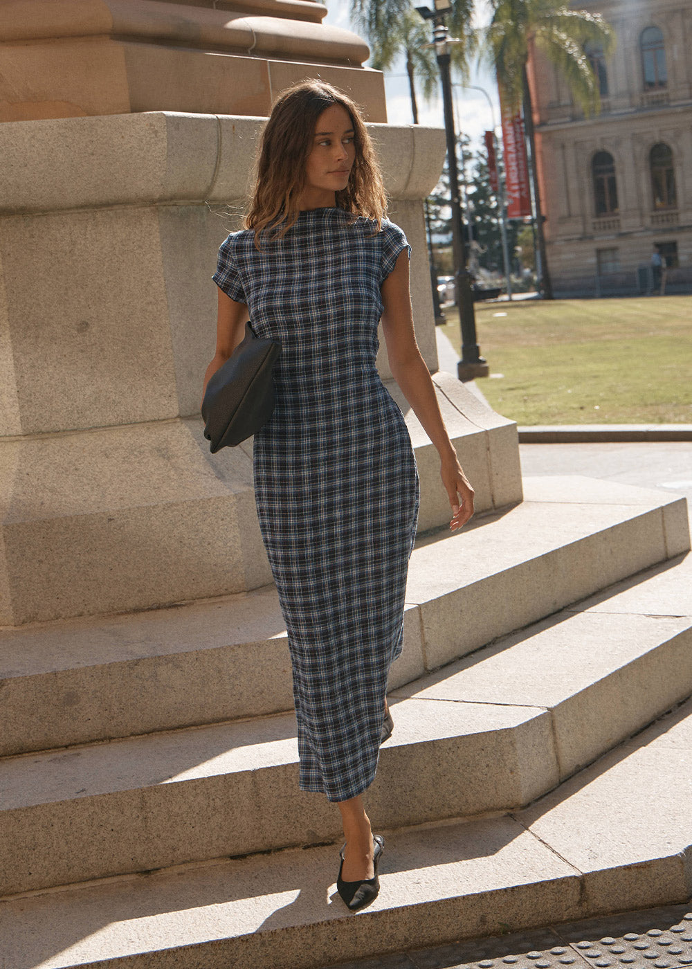 AFENDS Womens Mountains Elodie - Seersucker Midi Dress - Navy Red Check