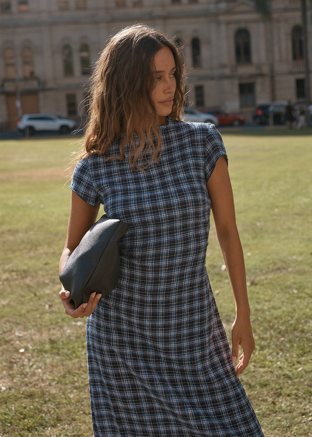 AFENDS Womens Mountains Elodie - Seersucker Midi Dress - Navy Red Check