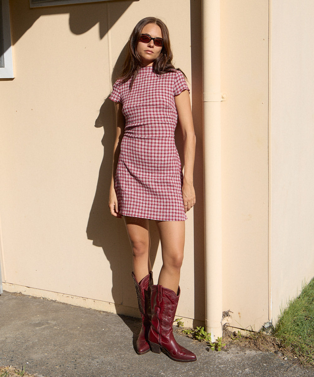 afends red dress AFENDS Womens Elodie - Hemp Seersucker Midi Dress