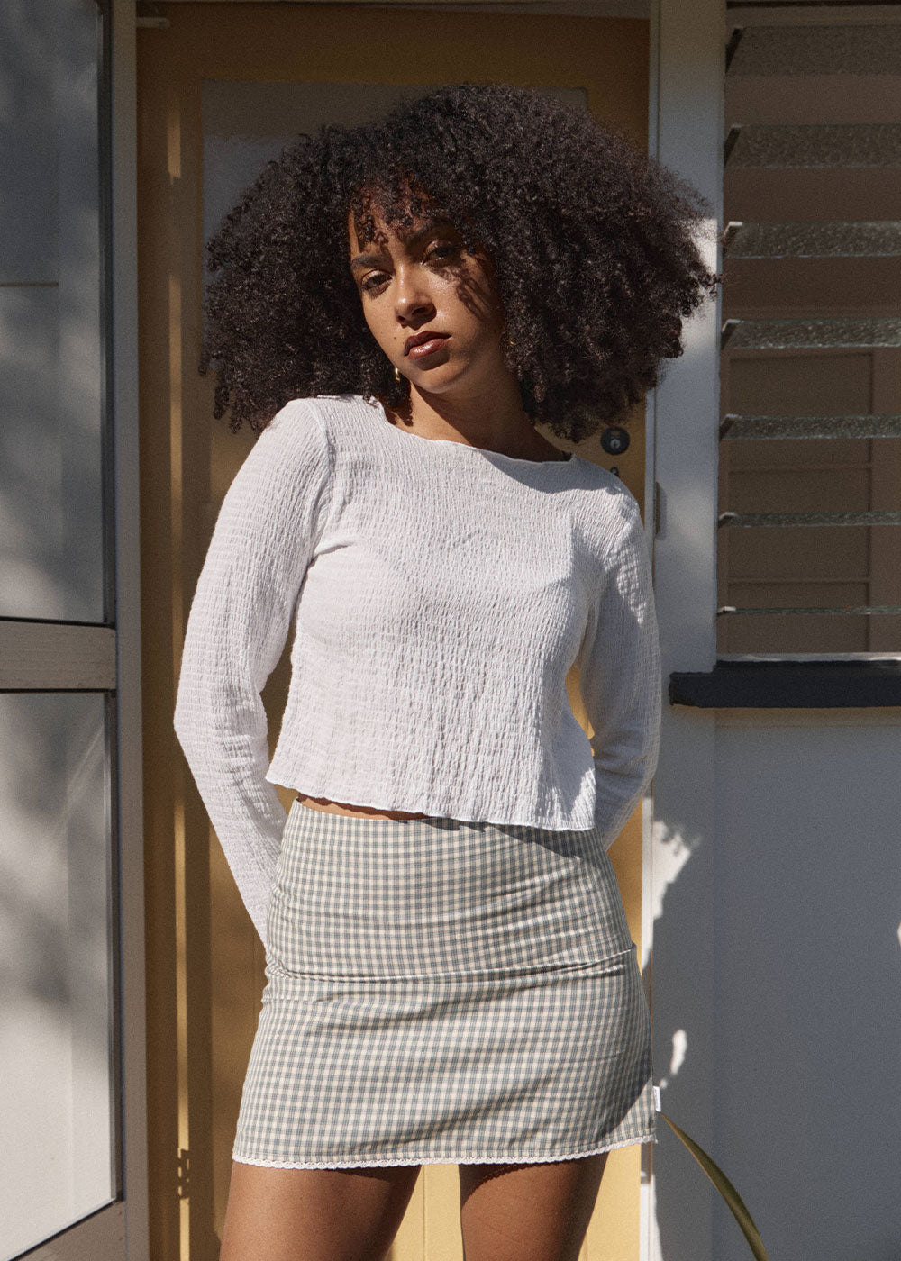 AFENDS Womens Focus - Seersucker Long Sleeve Top - Off White