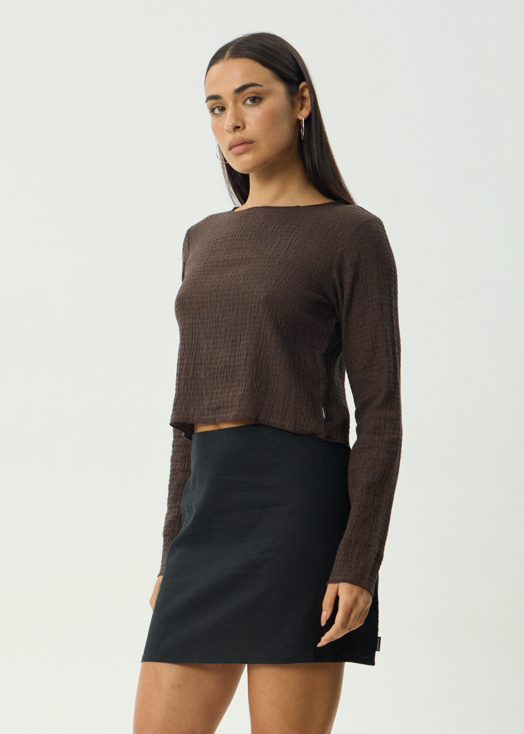 AFENDS Womens Focus - Seersucker Long Sleeve Top - Coffee