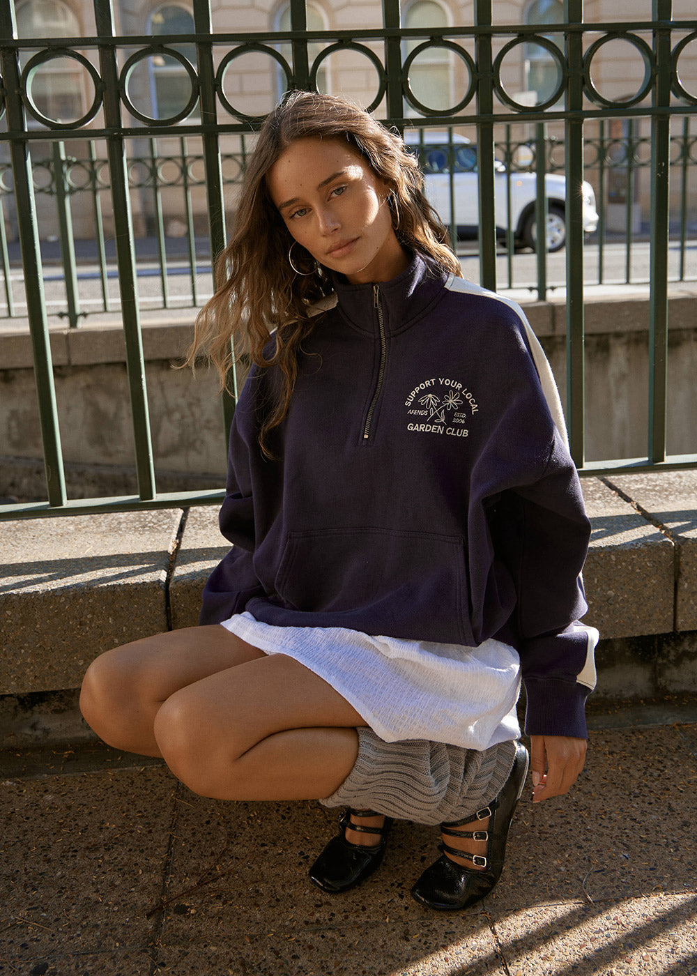 AFENDS Womens Community Garden - Quarter Zip Jumper - Washed Deep Sea