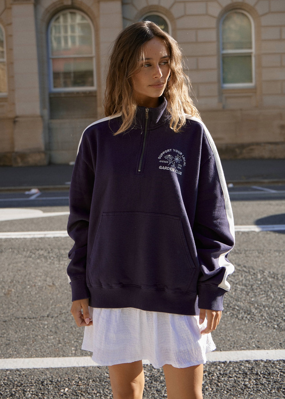 AFENDS Womens Community Garden - Quarter Zip Jumper - Washed Deep Sea