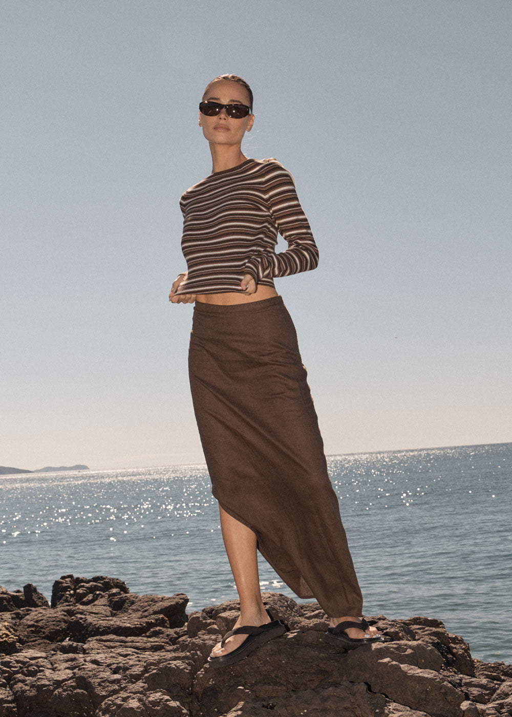 AFENDS Womens Hadley - Knit Long Sleeve Top - Coffee Stripe