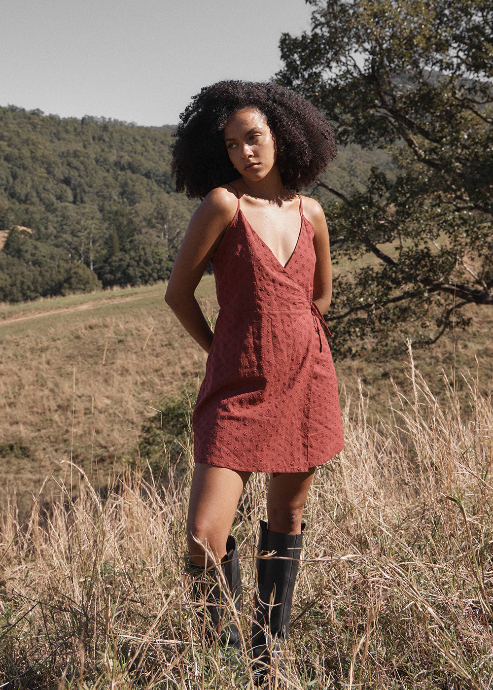 AFENDS Womens Margot - Wrap Mini Dress - Ruby Anglaise