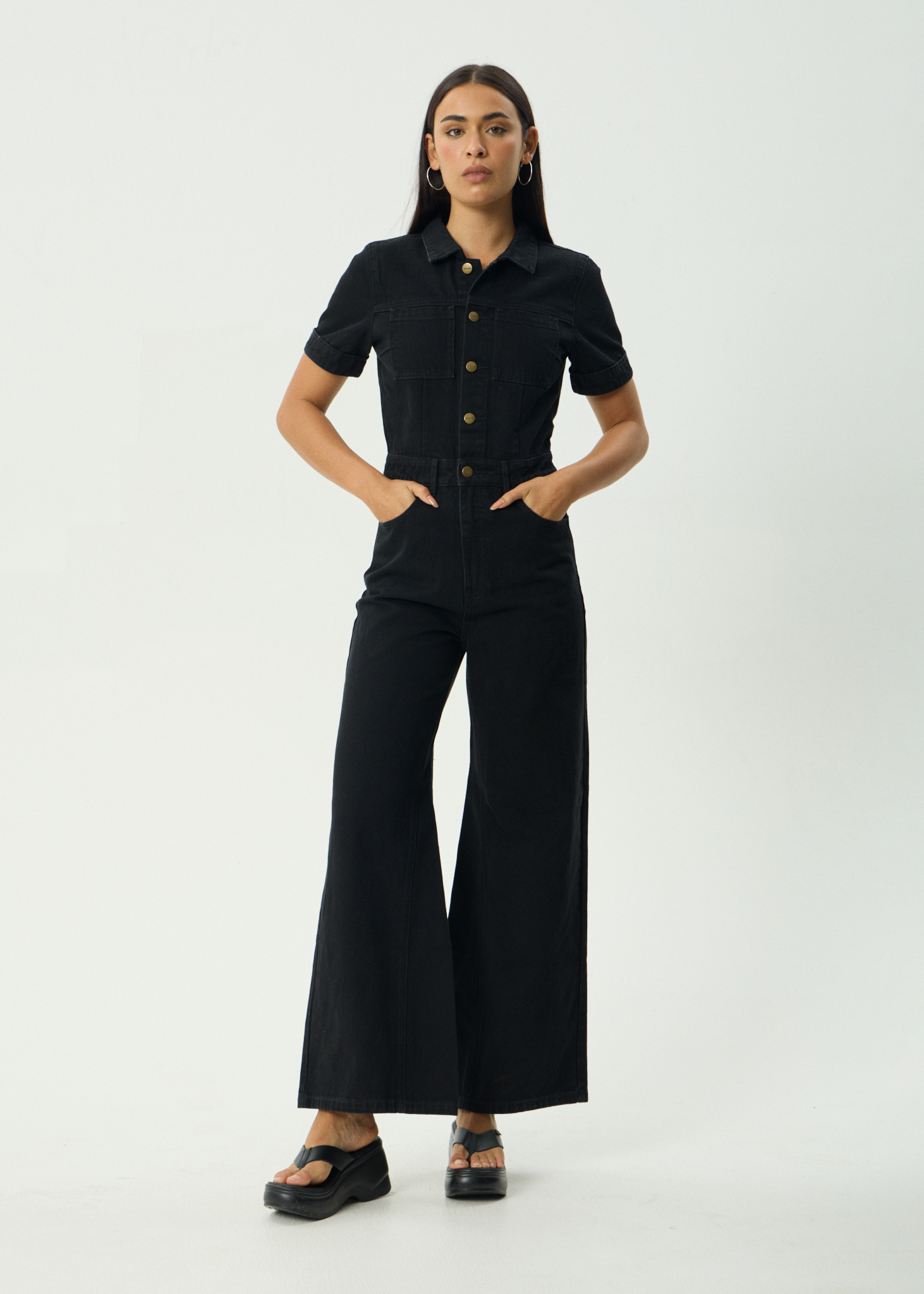 AFENDS Womens Miami - Denim Flared Jumpsuit - Washed Black