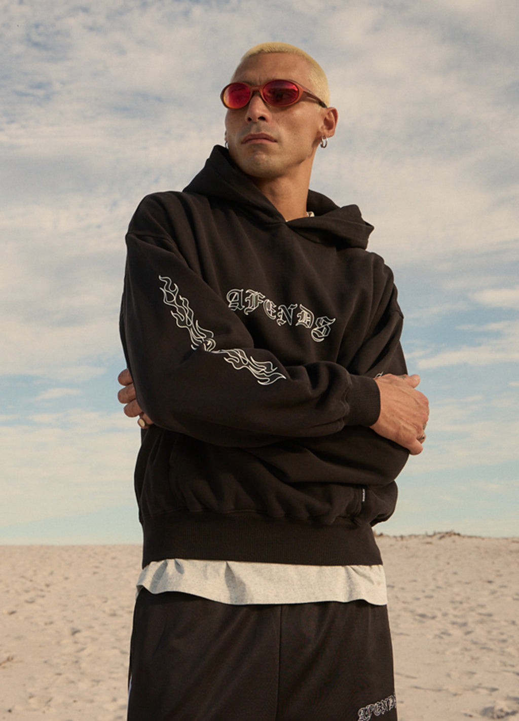 AFENDS Mens Machine - Boxy Pull On Hood - Stone Black