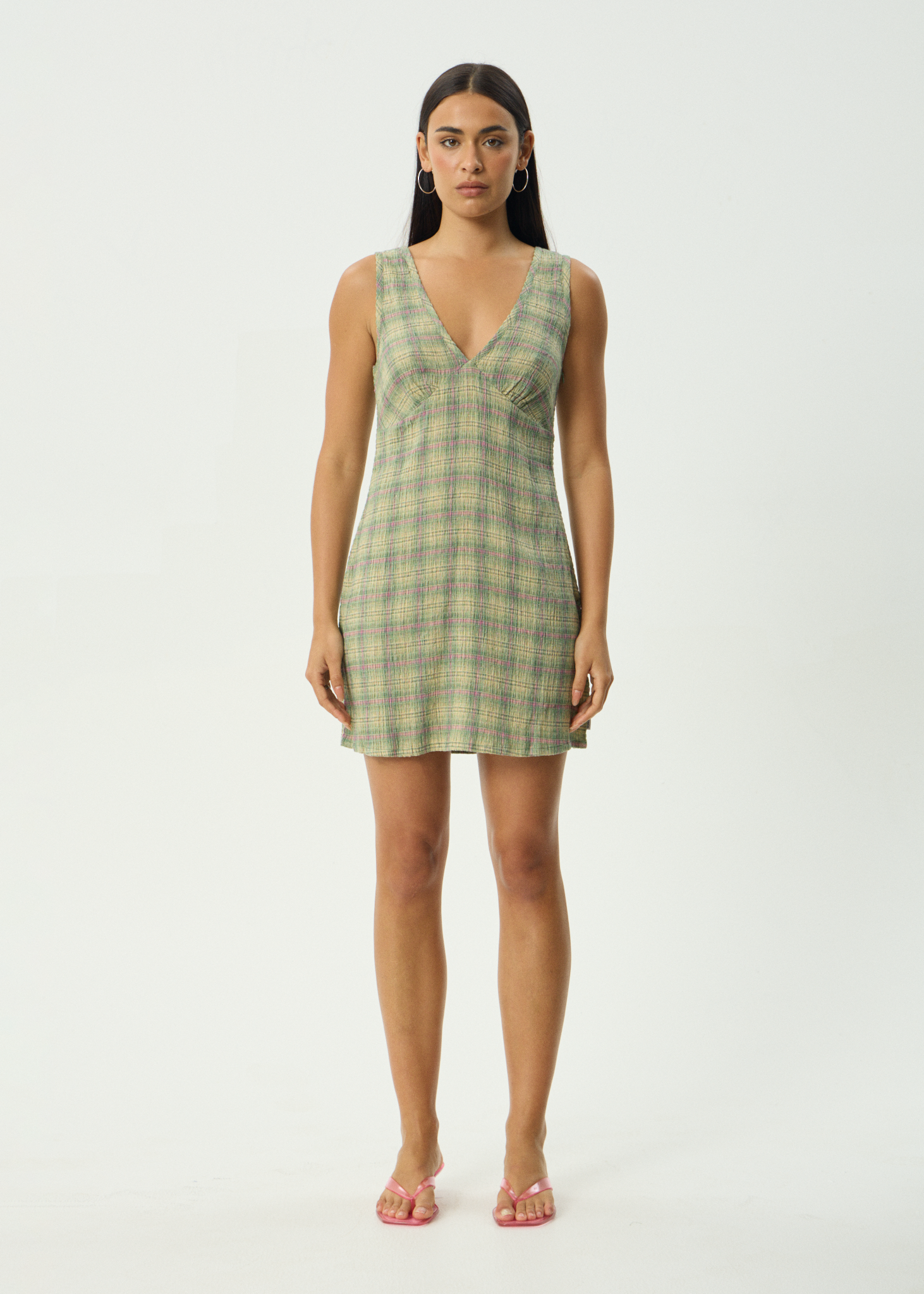 AFENDS Womens Position Grace - Seersucker Mini Dress - Green Check