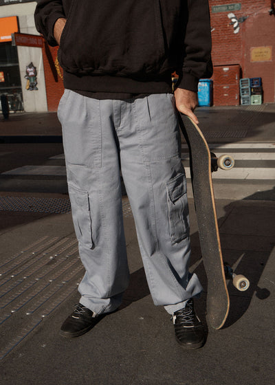 AFENDS Mens Summit - Pleated Cargo Pant - Washed Slate Blue