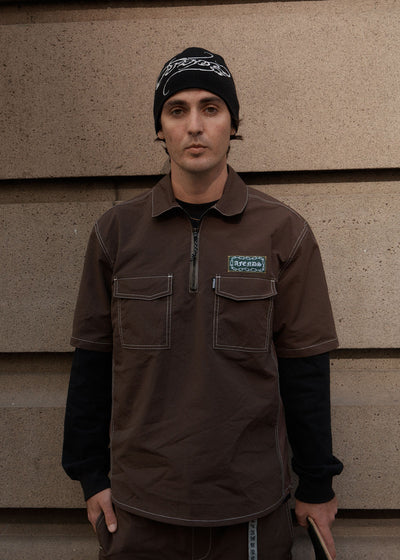 AFENDS Mens Equipment - Workwear Short Sleeve Shirt - Coffee